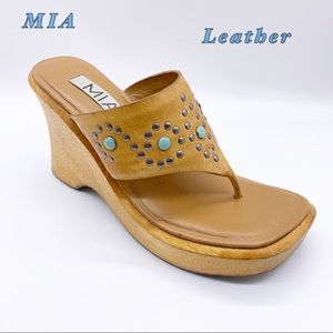 MIA-Leather Wooden Wide T strap Wedge Sandal 8